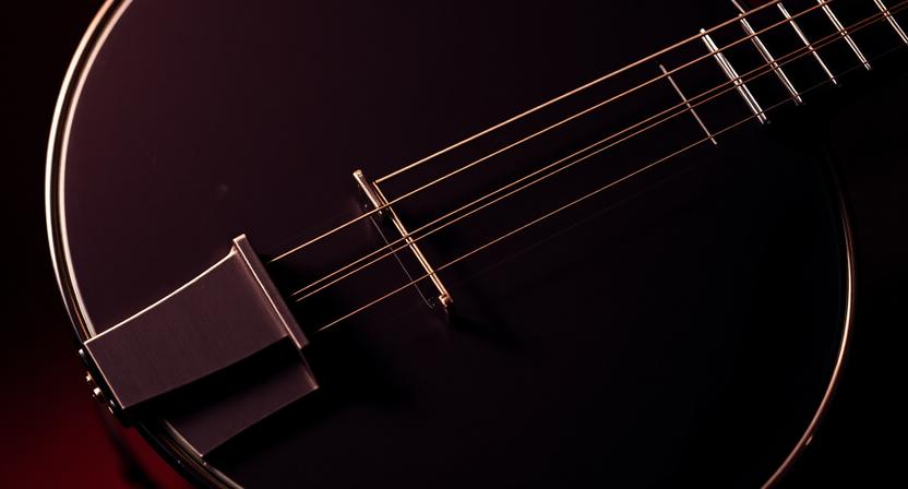 Close-up view of banjo strings in a red and black themed setting