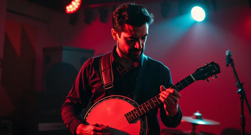Musician using a banjo strap in a red and black themed setting