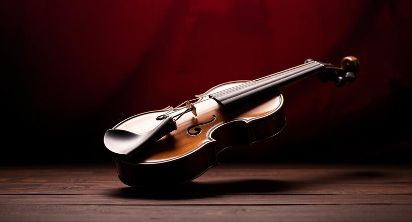 Traditional fiddle instrument displayed in a red and black themed setting