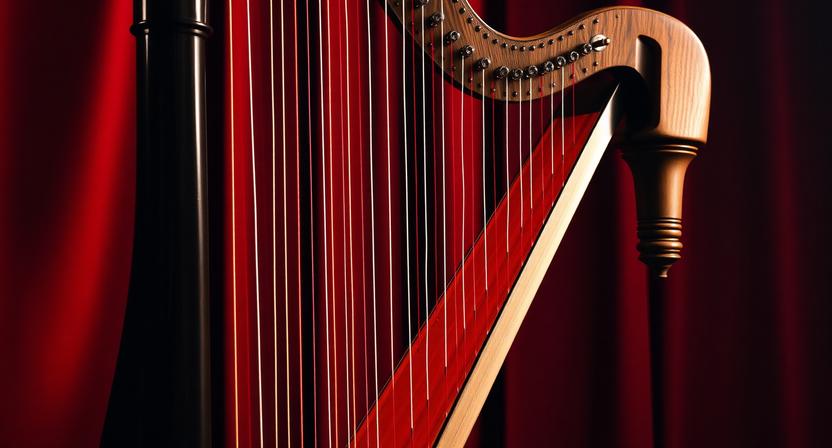 Elegant harp instrument displayed in a red and black music-themed setting