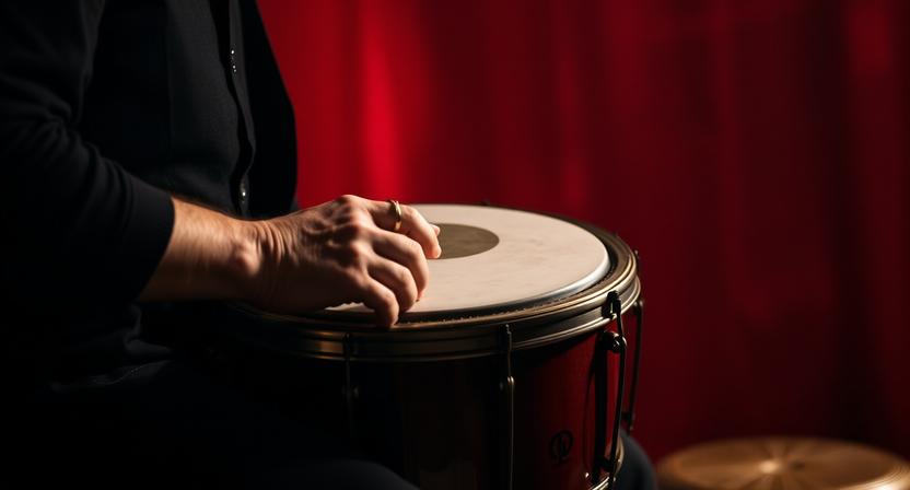 Traditional bodhrán drum displayed in a red and black themed setting