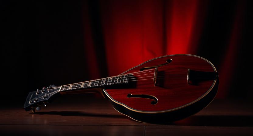 Traditional mandolin instrument displayed in a red and black music-themed setting