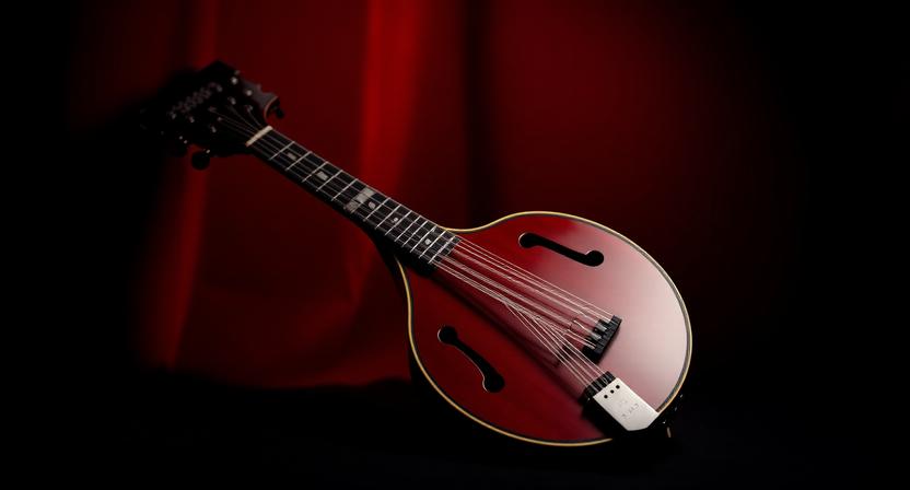 Traditional mandolin instrument displayed in a red and black music-themed setting