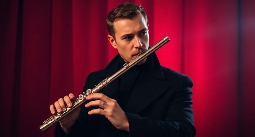 Silver flute displayed in a red and black music-themed setting