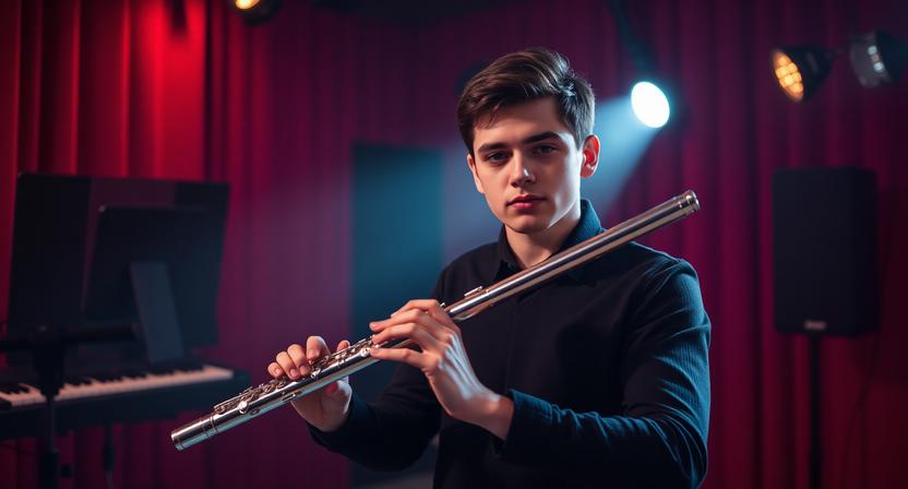 Beginner holding a flute in a red and black themed music setting